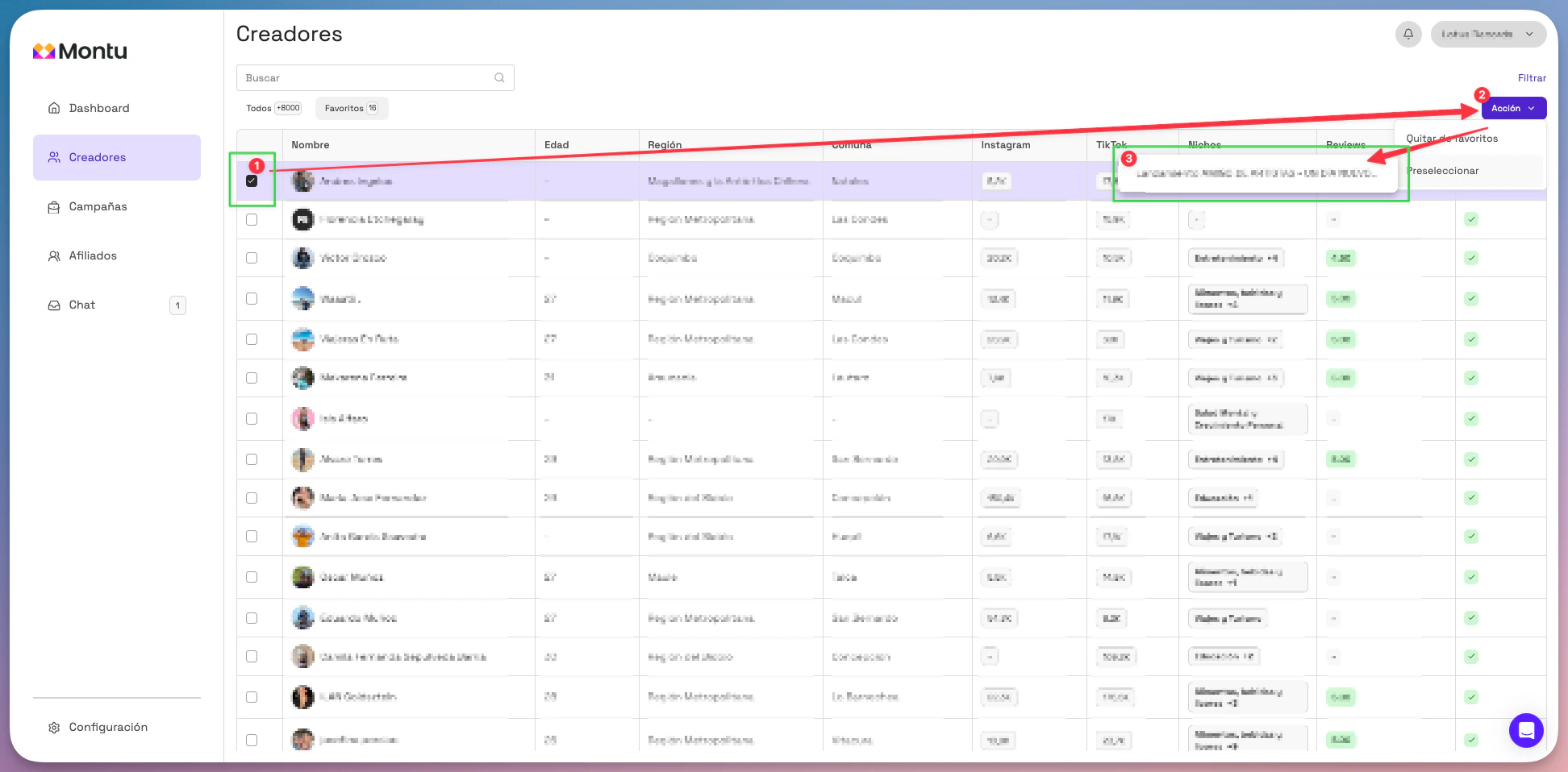 Preseleccionar desde lista de creadores